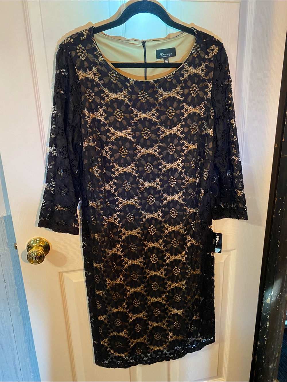 Ronnie Nicole a Black Floral Lace Midi Dress with Nude Lining NWT
